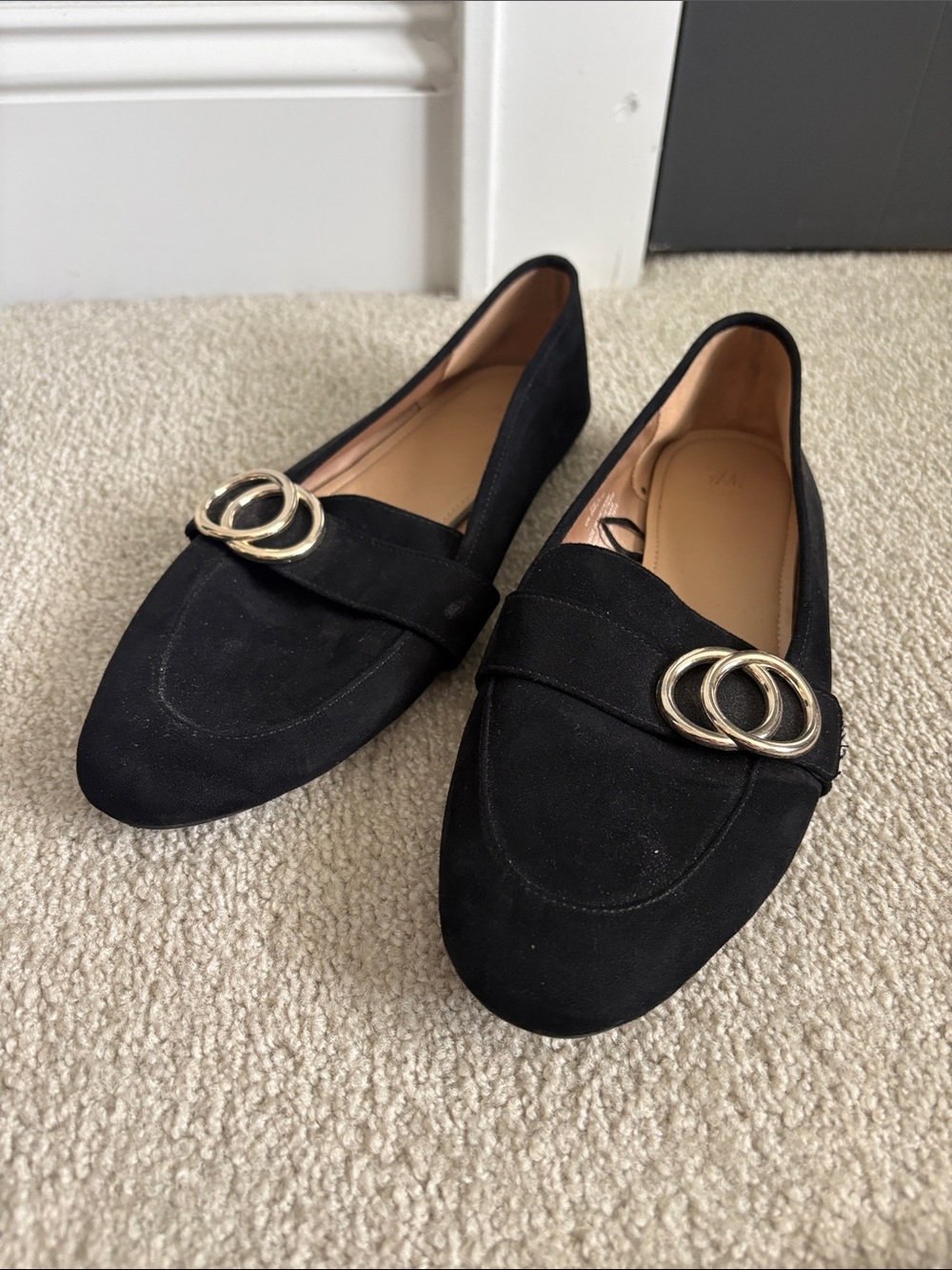 H&M Black Suede Loafers with Gold Double-Ring Accent
